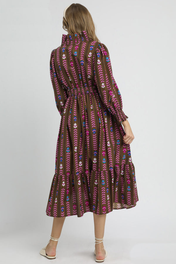 Fall Floral Print Midi Dress with Ruffle Collar