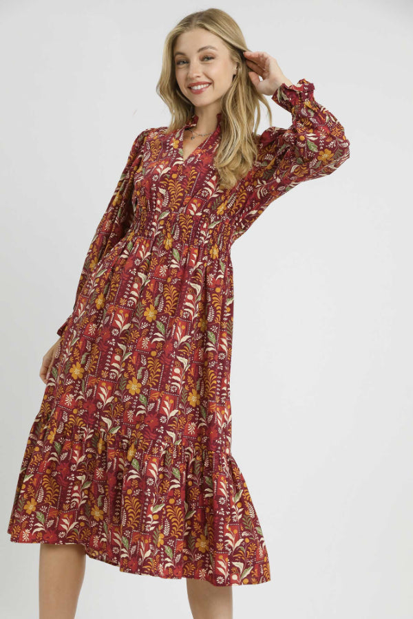 Floral Midi Dress with Smocked Waist