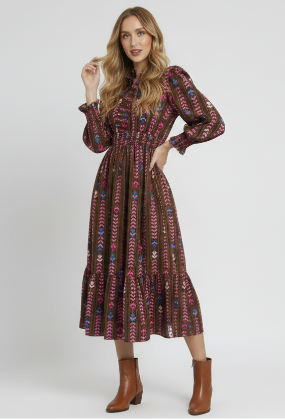 Fall Floral Print Midi Dress with Ruffle Collar