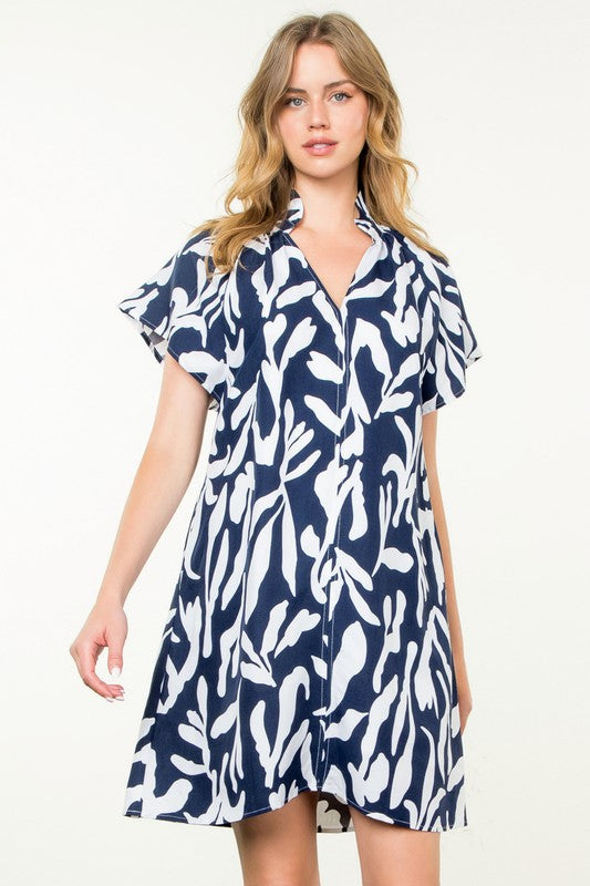 Navy Flutter Sleeve Print Dress