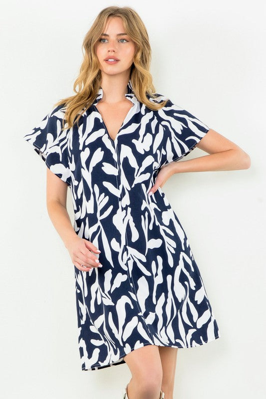 Navy Flutter Sleeve Print Dress