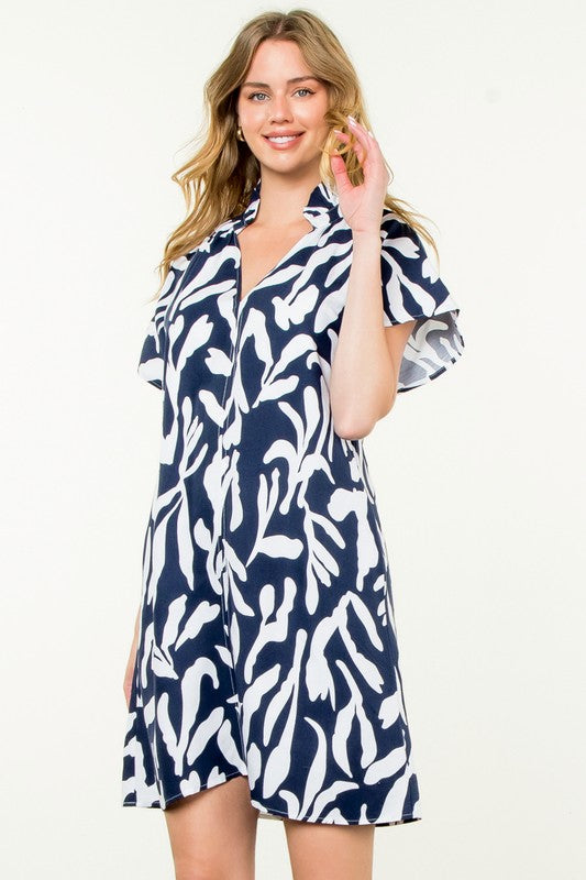 Navy Flutter Sleeve Print Dress