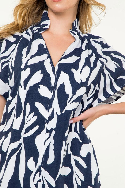 Navy Flutter Sleeve Print Dress