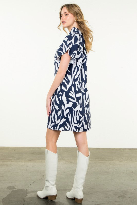 Navy Flutter Sleeve Print Dress