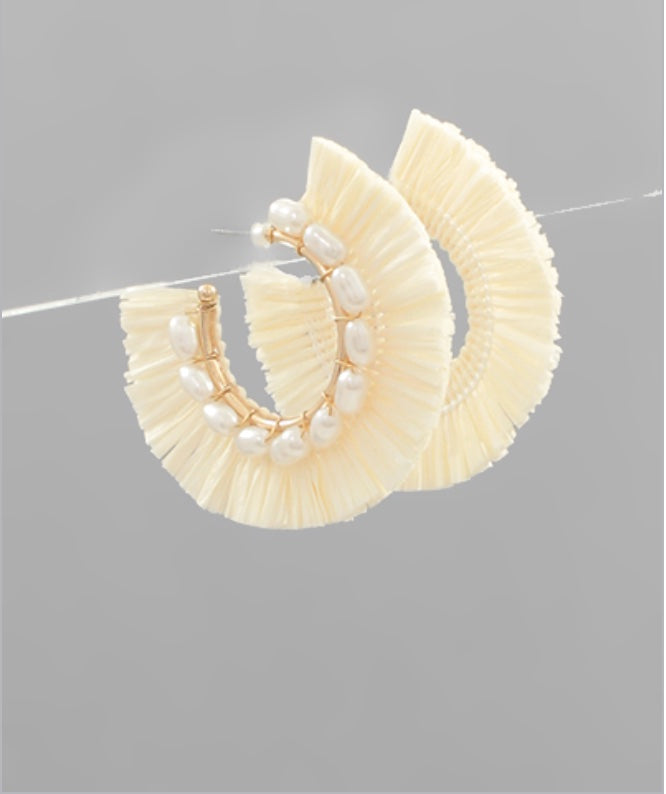 Freshwater Pearl & Raffia Hoops