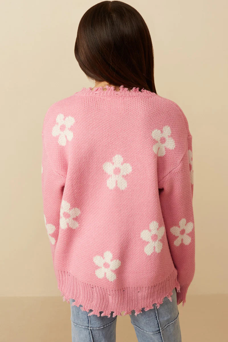 Girls Distressed Pink Flower Sweater