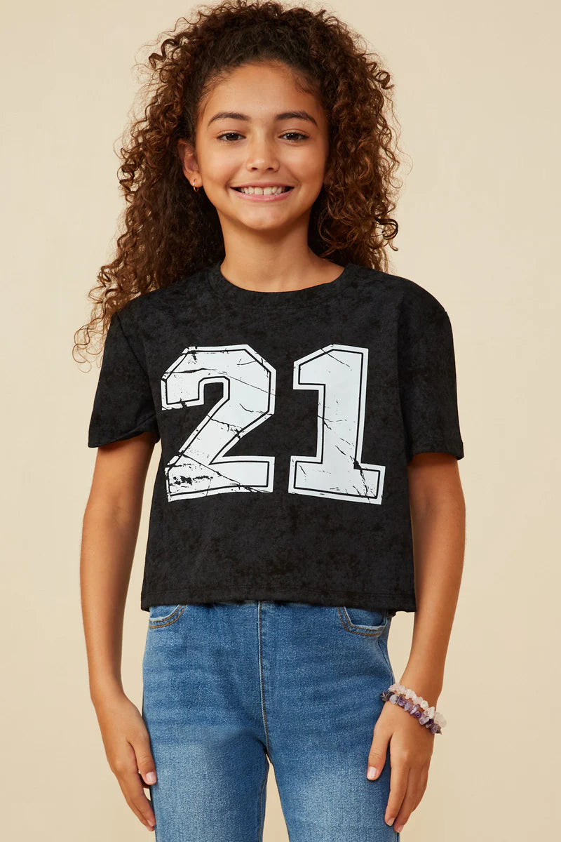 Girls Distressed Print Washed Athletic Jersey Top