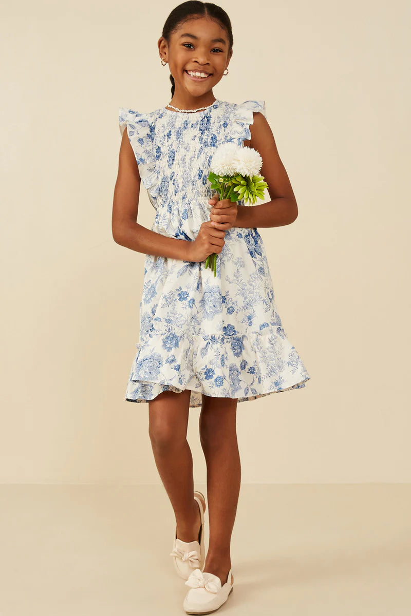 Girls Antique Floral Smock And Ruffle Dress