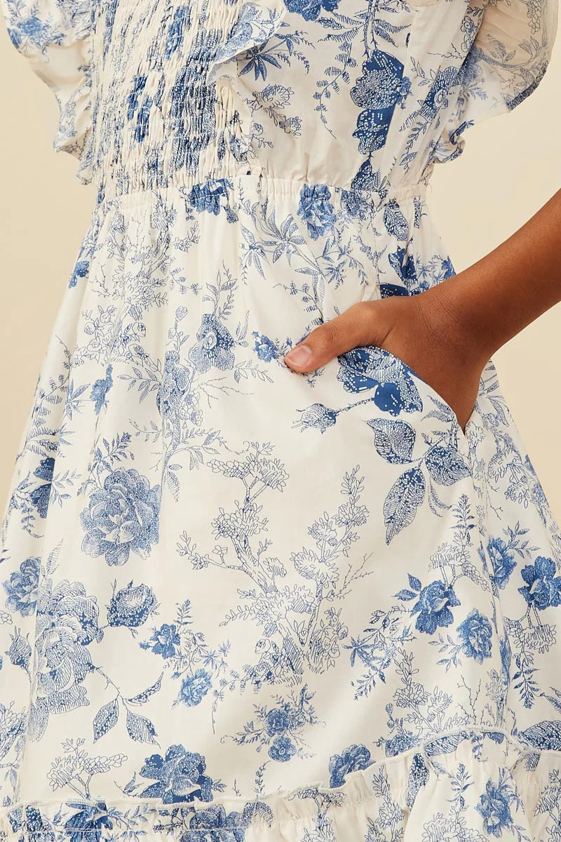 Girls Antique Floral Smock And Ruffle Dress