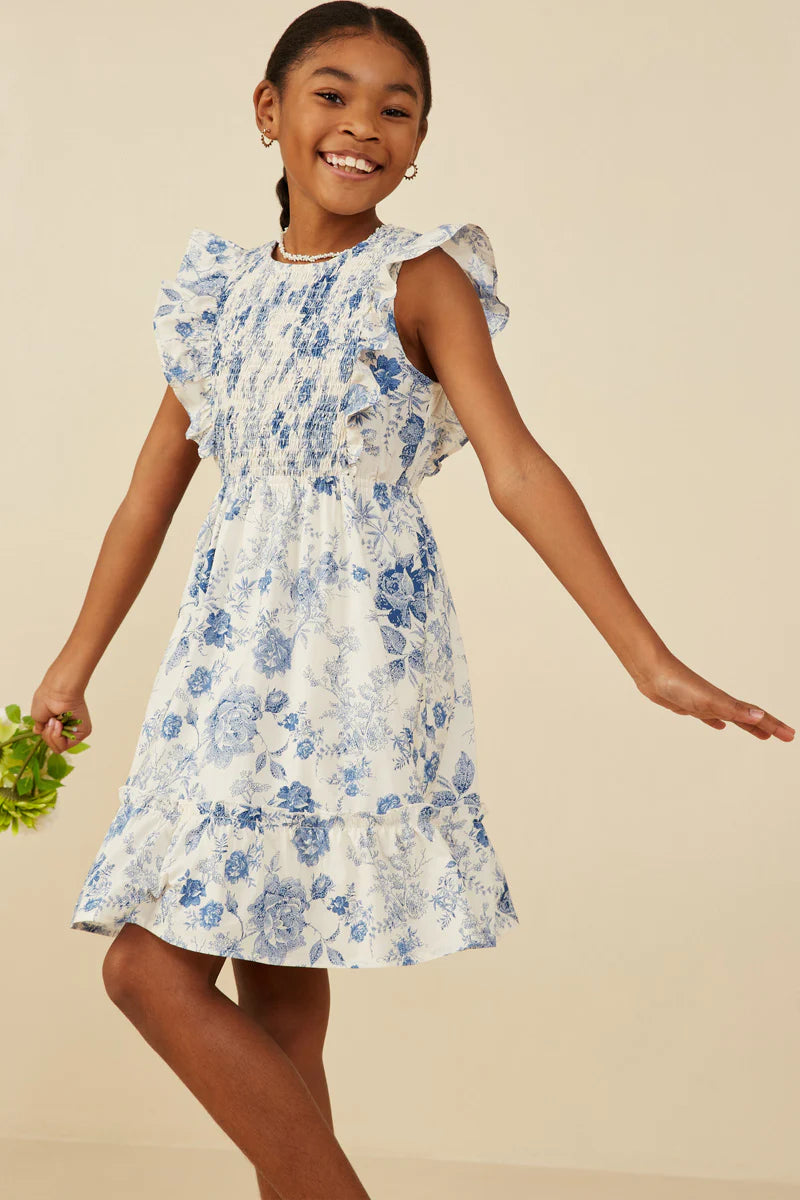 Girls Antique Floral Smock And Ruffle Dress