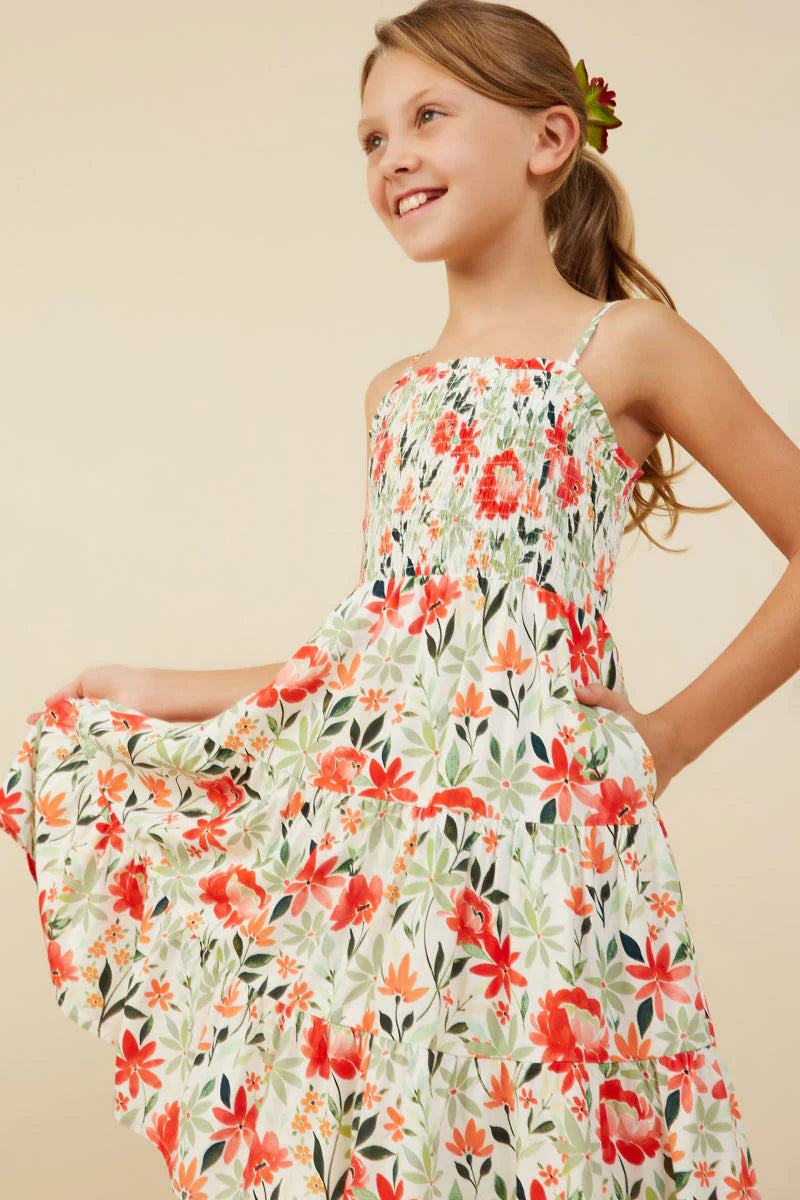 Girls Smocked Spaghetti Strap Floral Dress