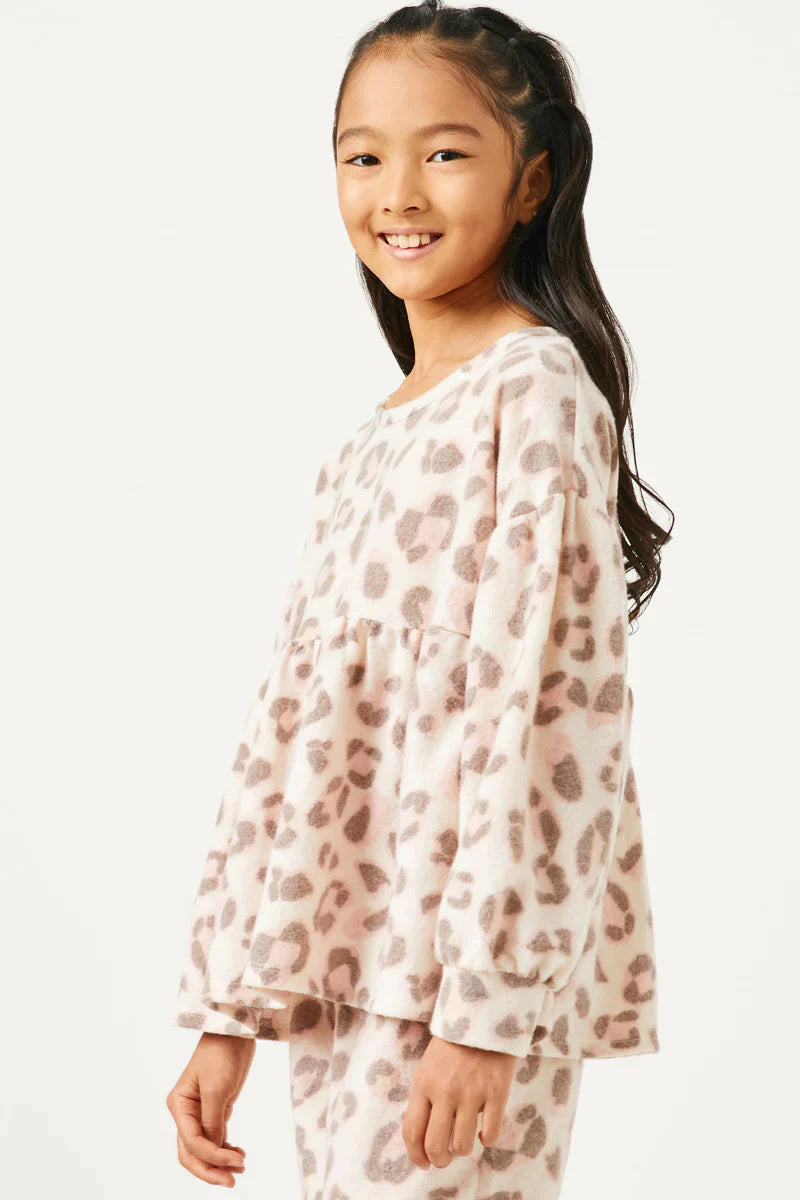 Girls Brushed Knit Leopard Peplum Top