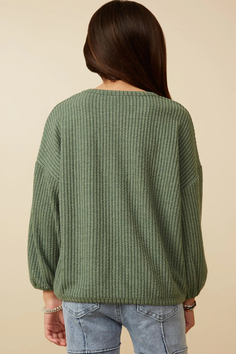 Girls Brushed Ribbed Puff Sleeve Knit Top