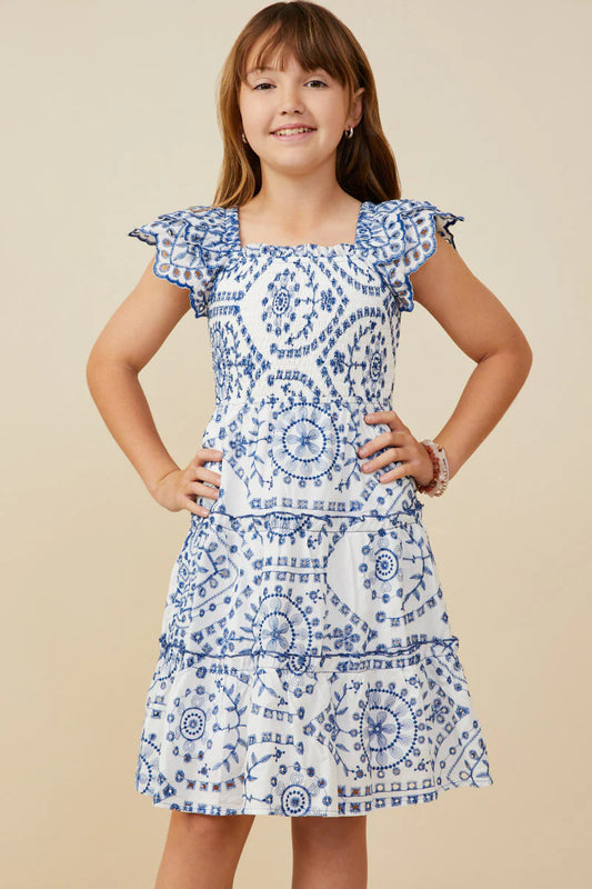 Girls Eyelet Embroidered Scalloped Ruffle Dress