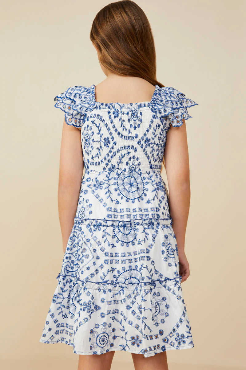 Girls Eyelet Embroidered Scalloped Ruffle Dress