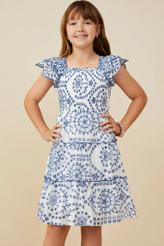 Girls Eyelet Embroidered Scalloped Ruffle Dress