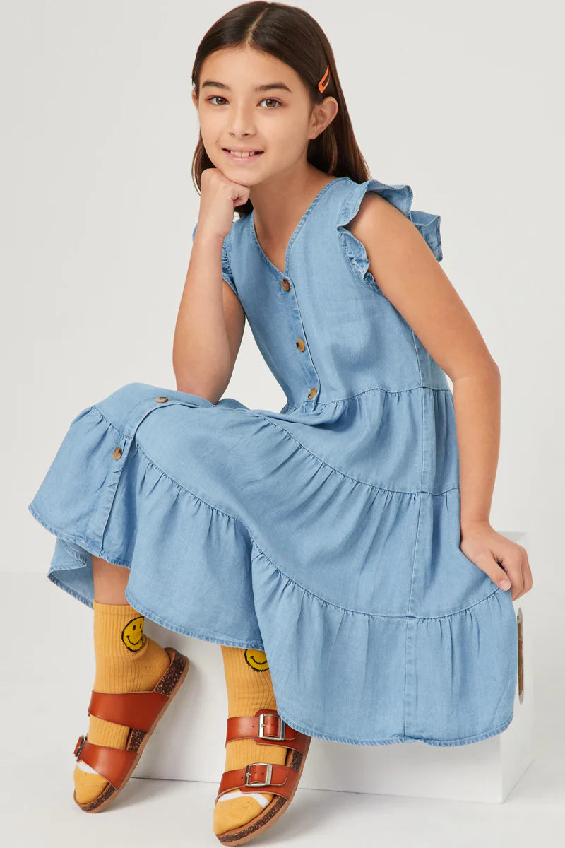 Girls Ruffle Button Down Denim Dress