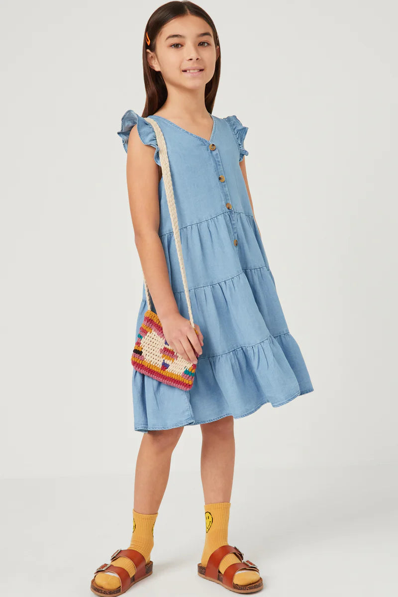 Girls Ruffle Button Down Denim Dress