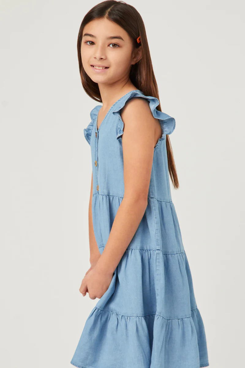 Girls Ruffle Button Down Denim Dress
