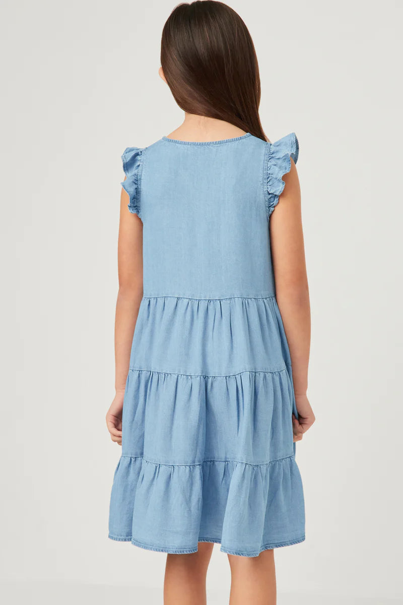 Girls Ruffle Button Down Denim Dress