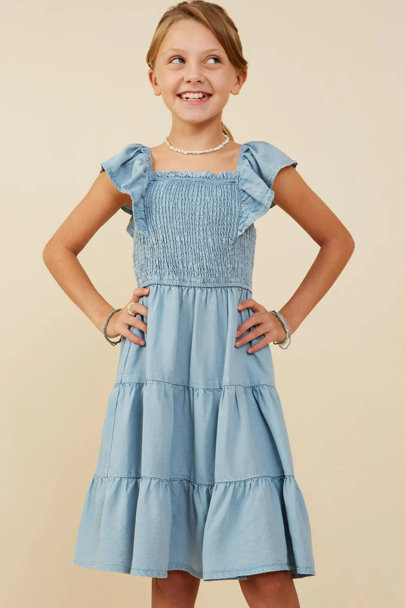 Girls Smocked Detail Ruffled Sleeveless Tencel Dress