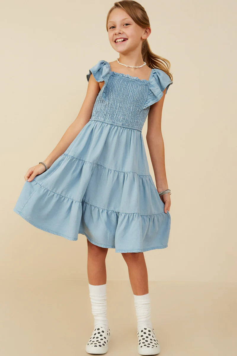 Girls Smocked Detail Ruffled Sleeveless Tencel Dress