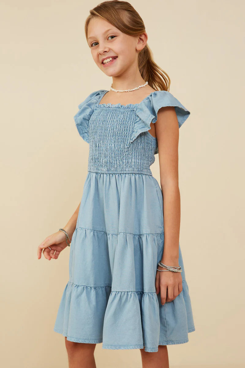 Girls Smocked Detail Ruffled Sleeveless Tencel Dress