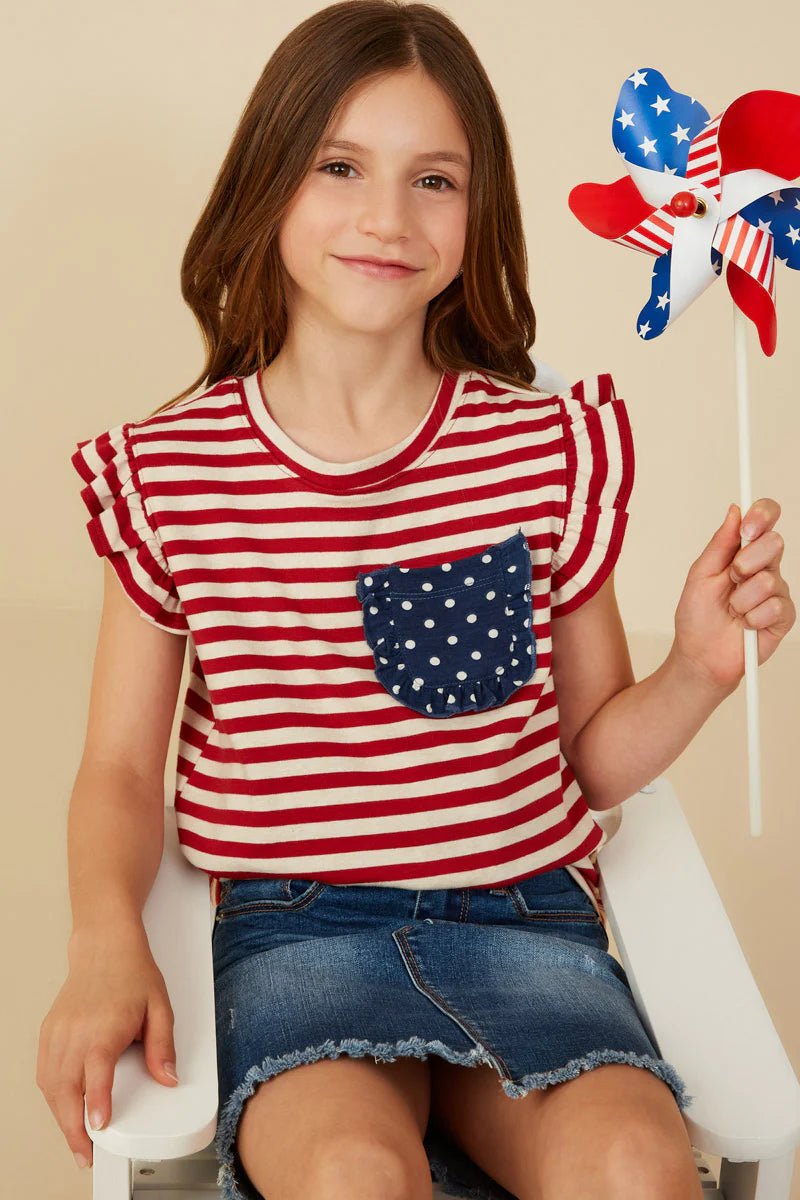 Girls Star Pocket Striped Knit Ruffled Knit Tank