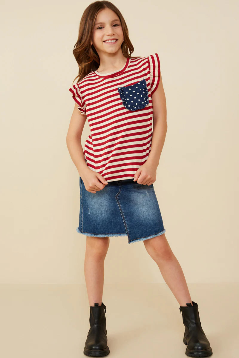 Girls Star Pocket Striped Knit Ruffled Knit Tank