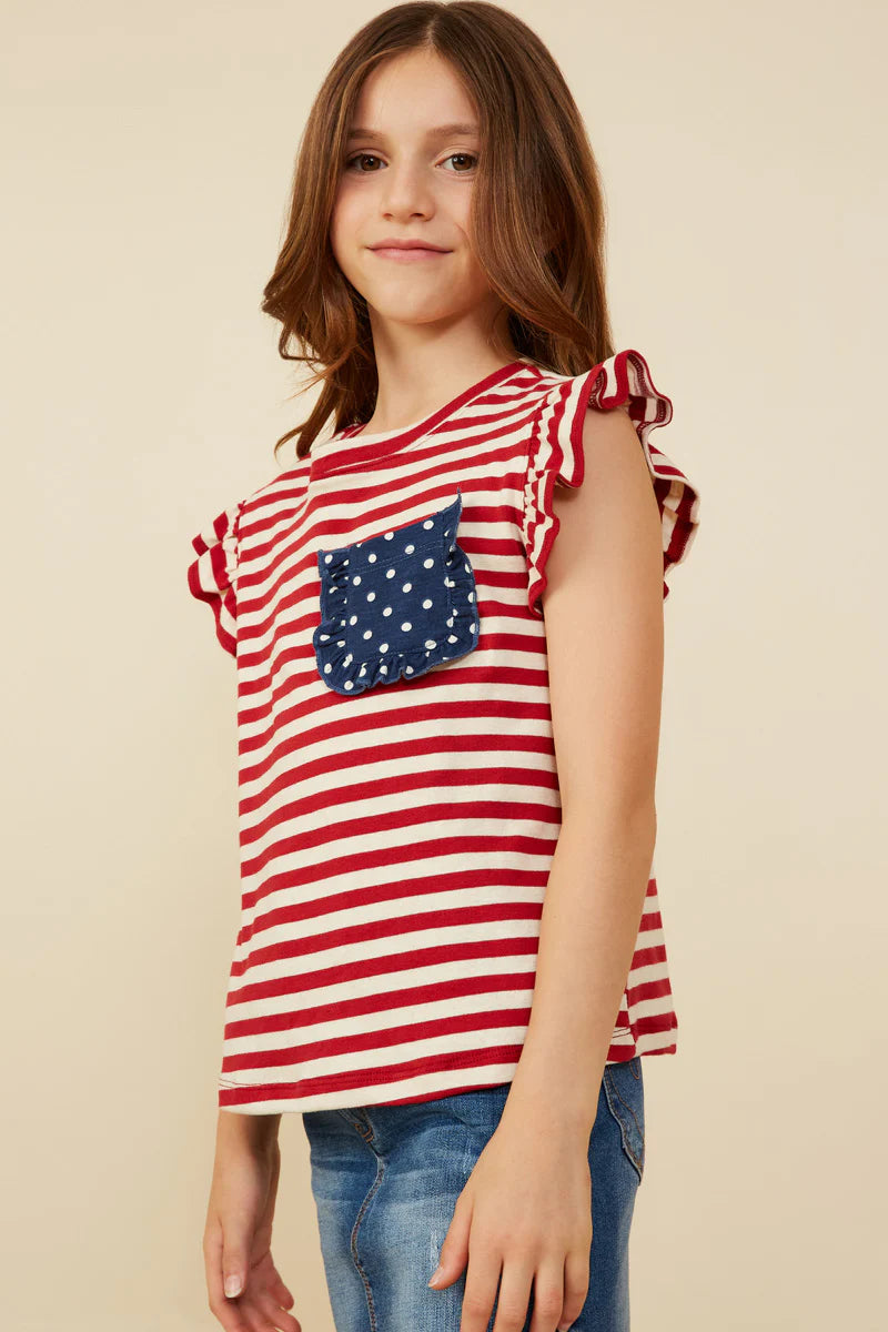 Girls Star Pocket Striped Knit Ruffled Knit Tank