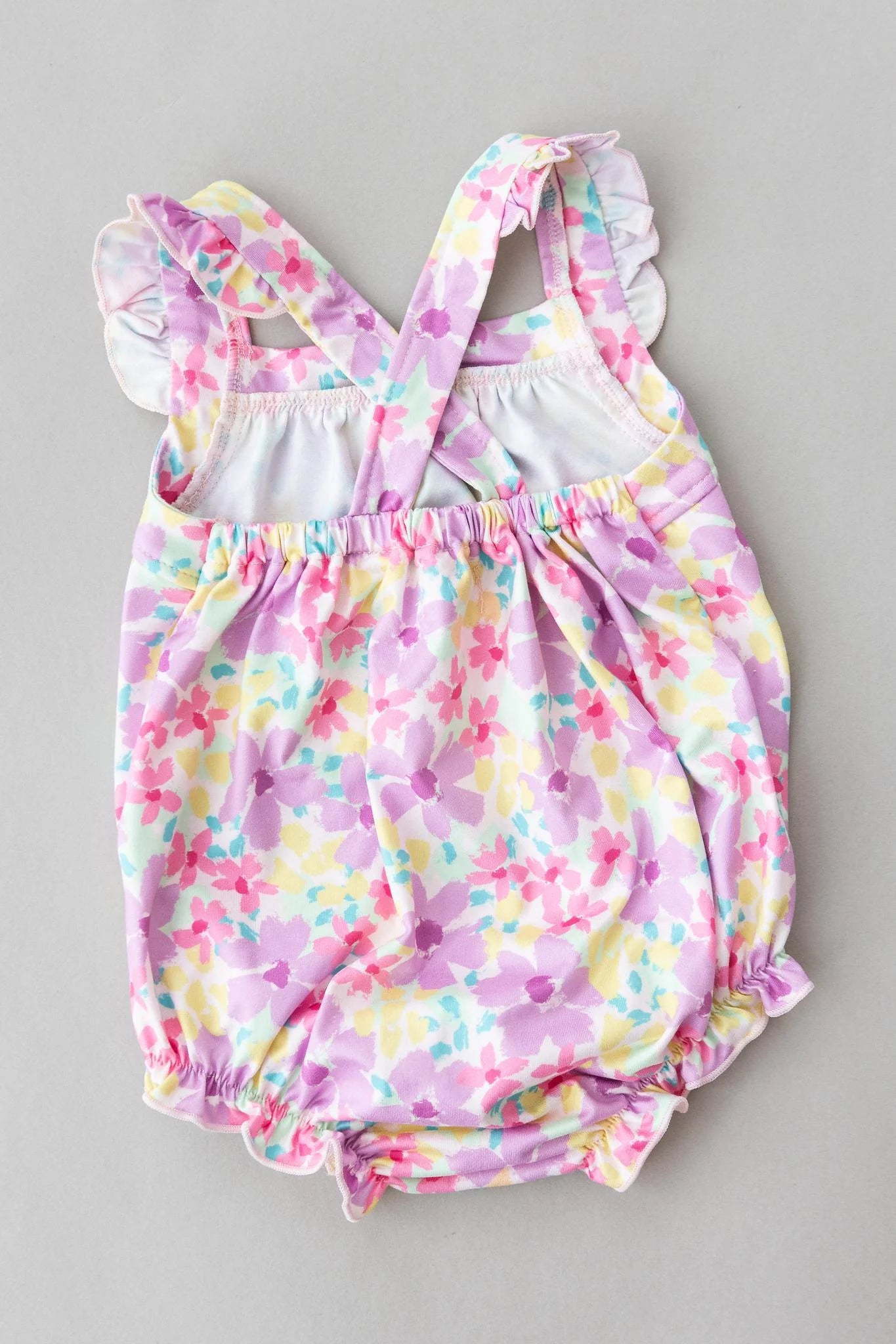Girls Summer Watercolor Ruffle Cross Back Romper