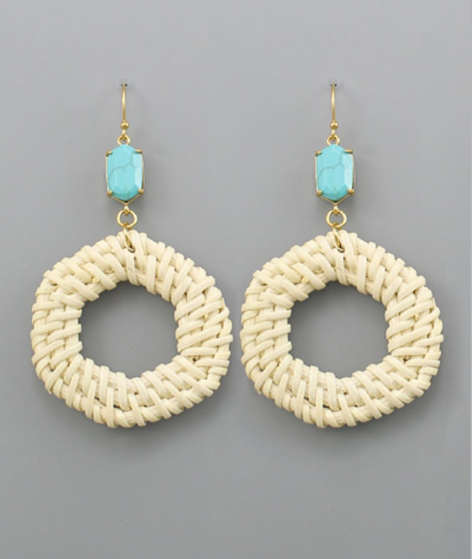 Hexagon Rattan & Turquoise Earrings