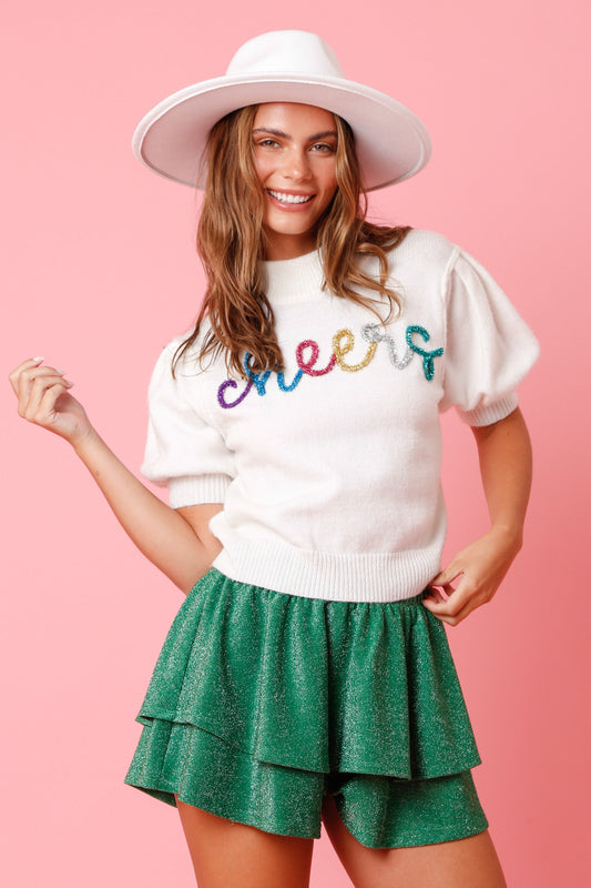 "Cheers" Lurex Embroidery Sweater