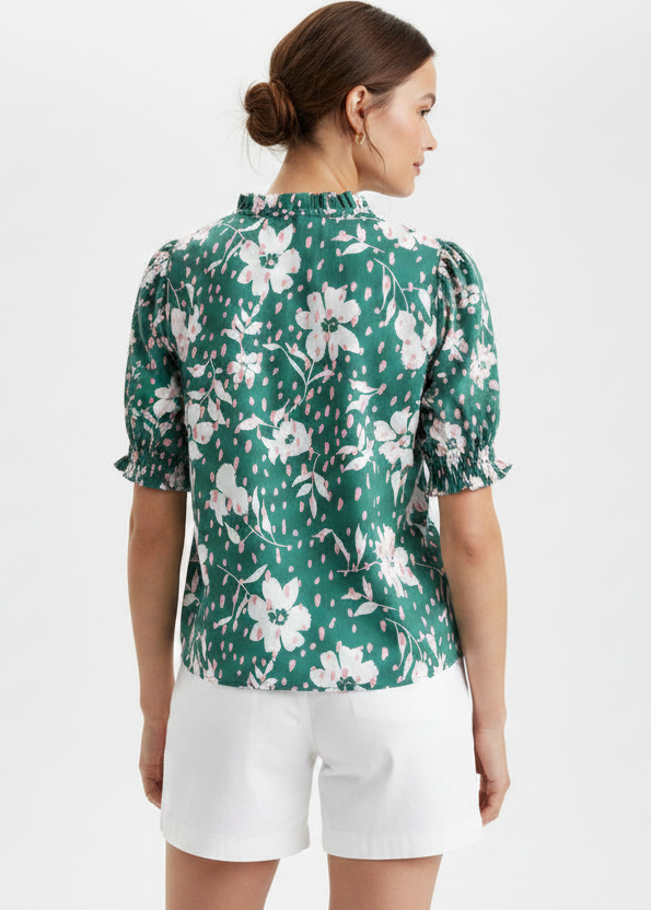 THML Floral Print Ruffle Neck Top