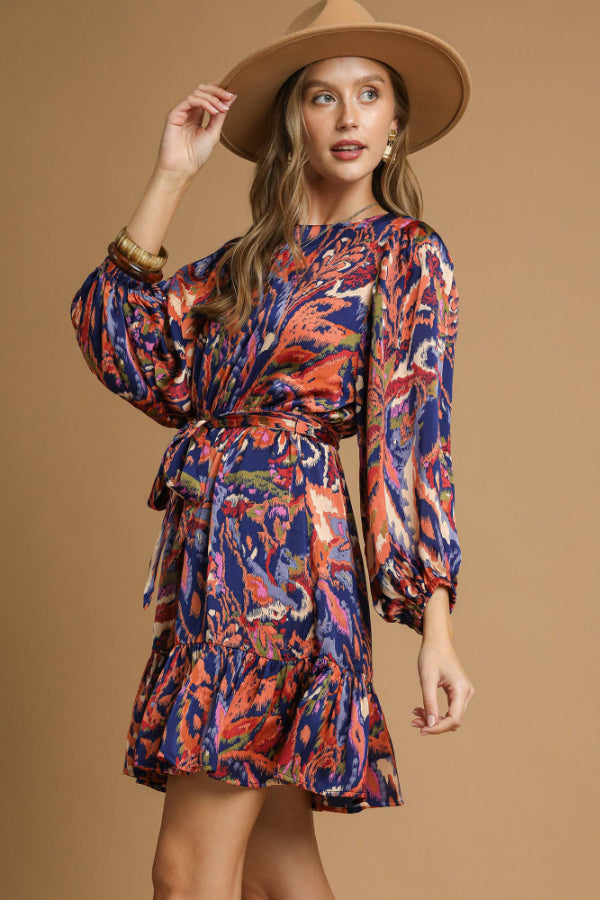 Abstract Print Belted Mini Dress