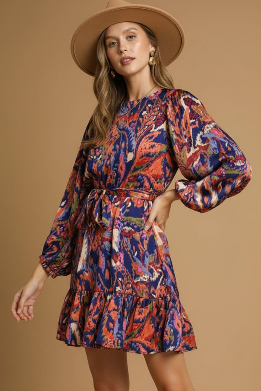 Abstract Print Belted Mini Dress