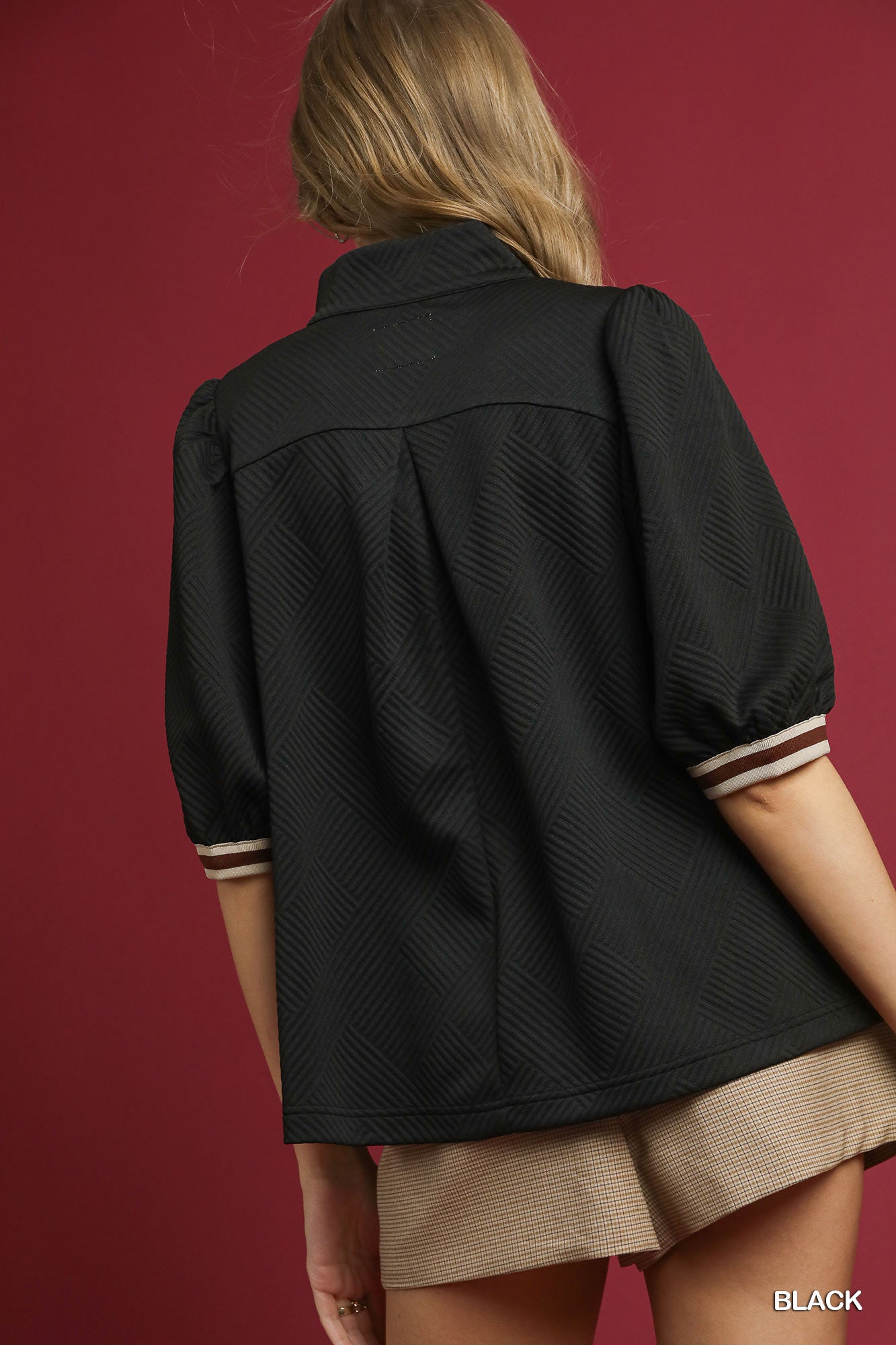 Textured Knit Half-Zip Top with Stripe Trim