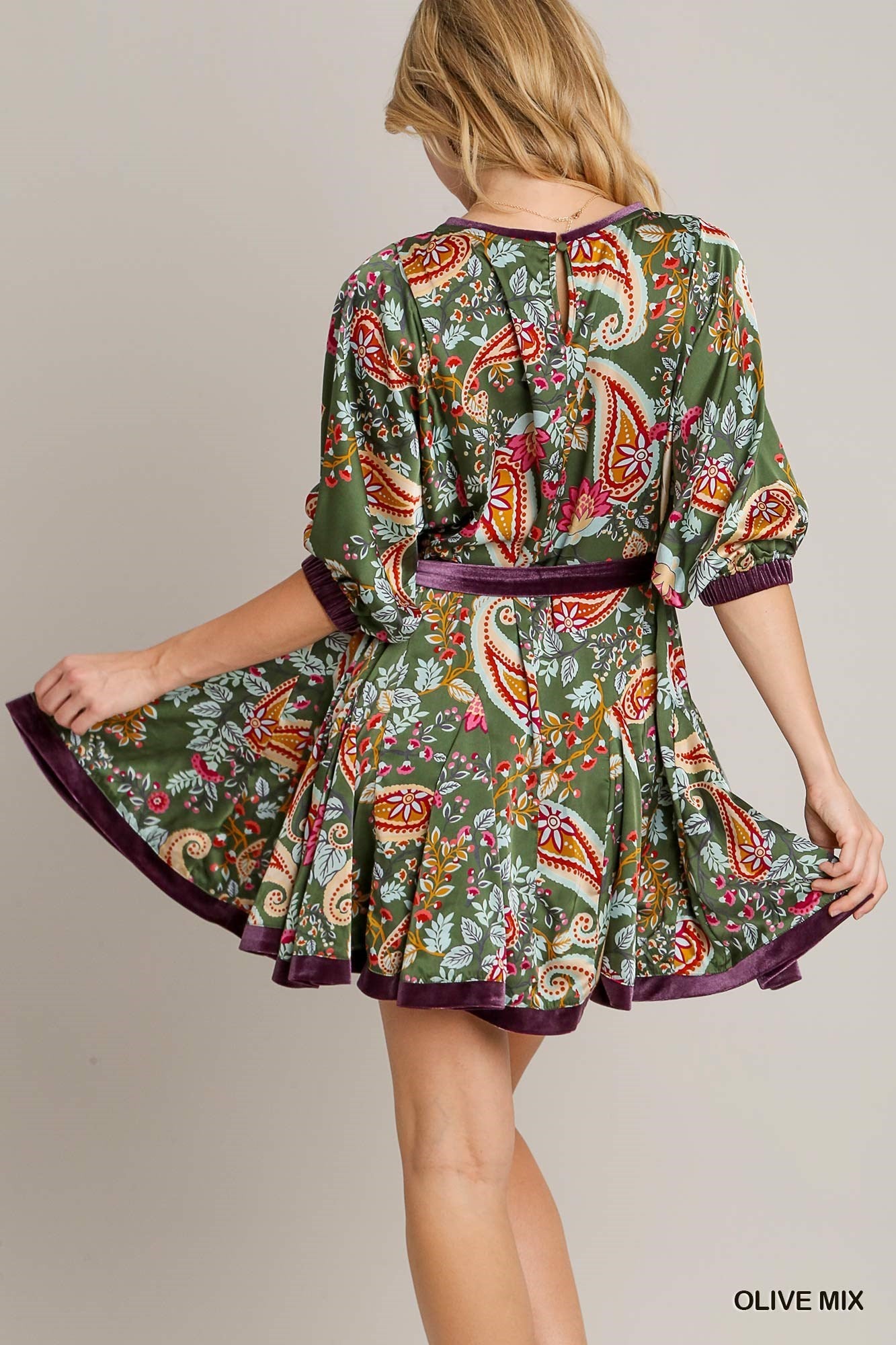 Paisley Velvet Detail Mini Dress