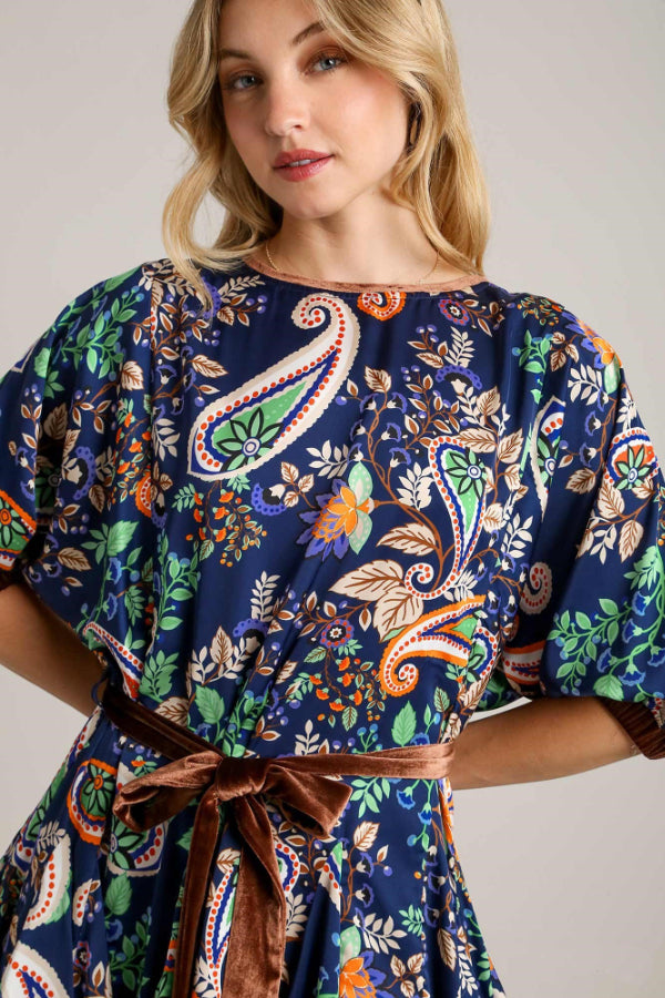 Paisley Velvet Detail Mini Dress