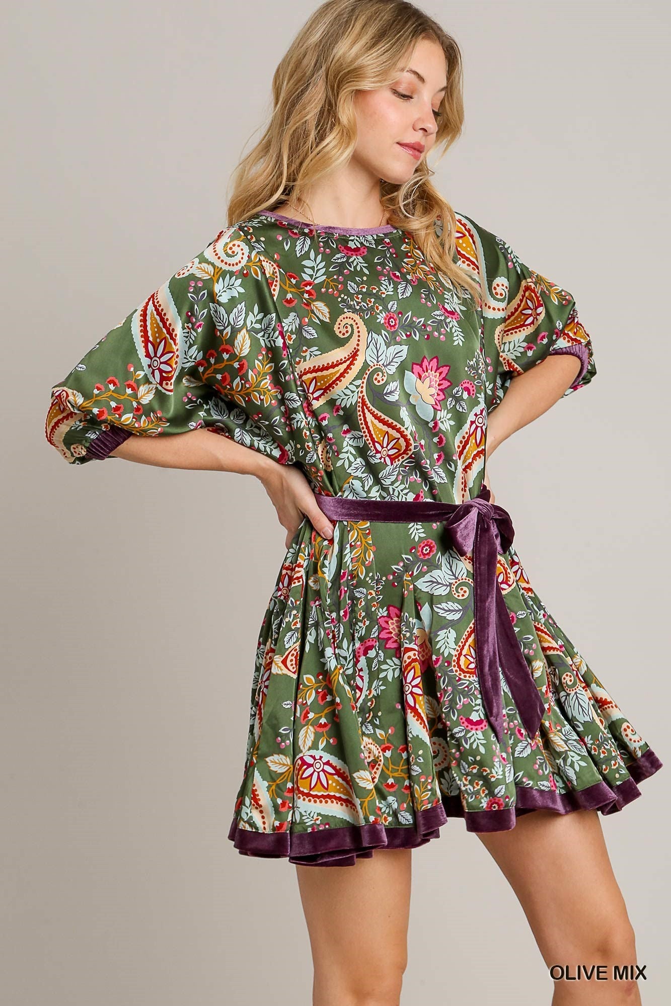 Paisley Velvet Detail Mini Dress