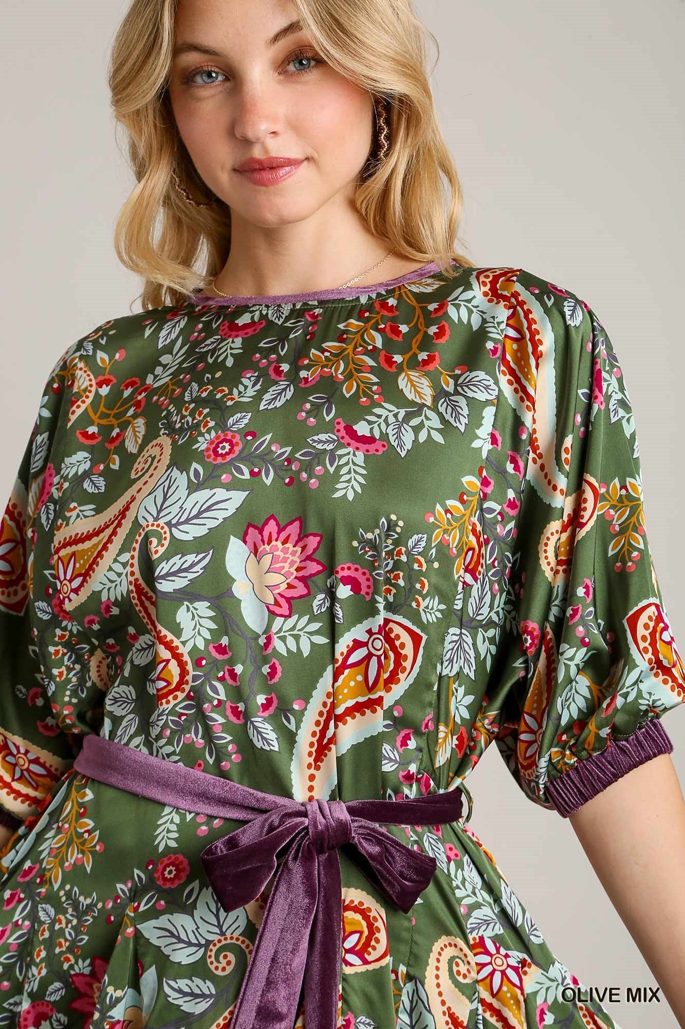 Paisley Velvet Detail Mini Dress