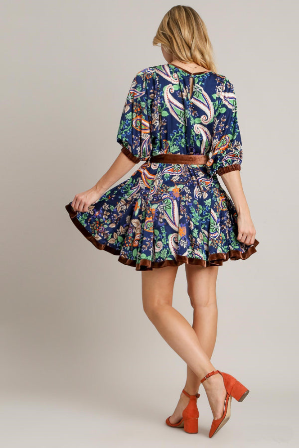 Paisley Velvet Detail Mini Dress