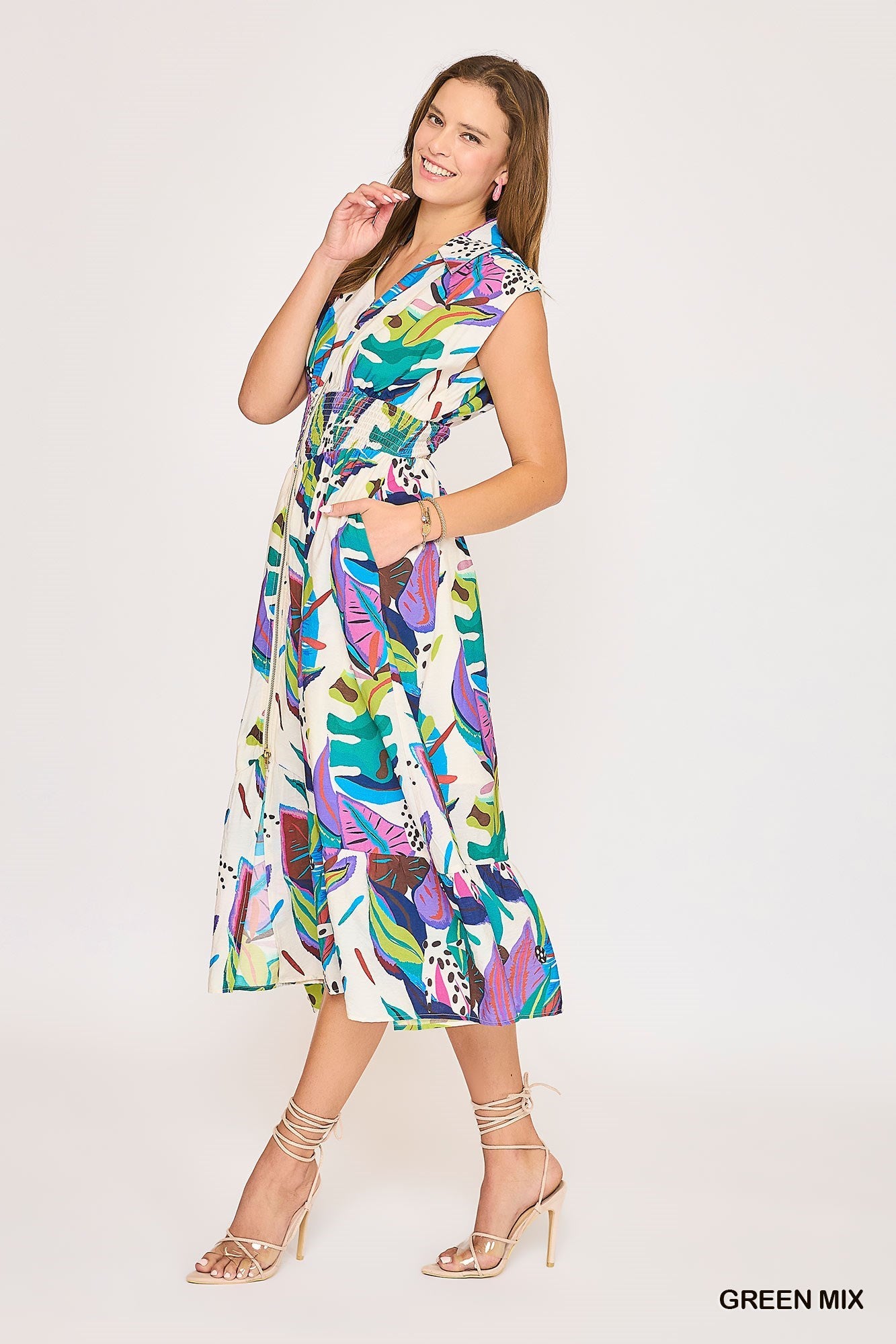 Tropical Chic Zipper Midi Dress