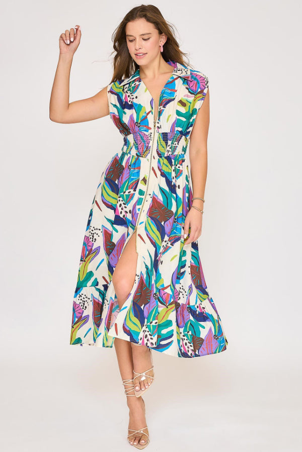 Tropical Chic Zipper Midi Dress