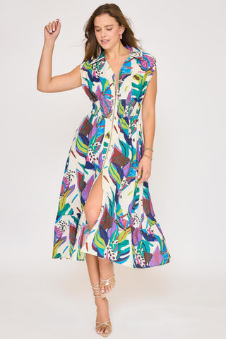 Tropical Chic Zipper Midi Dress