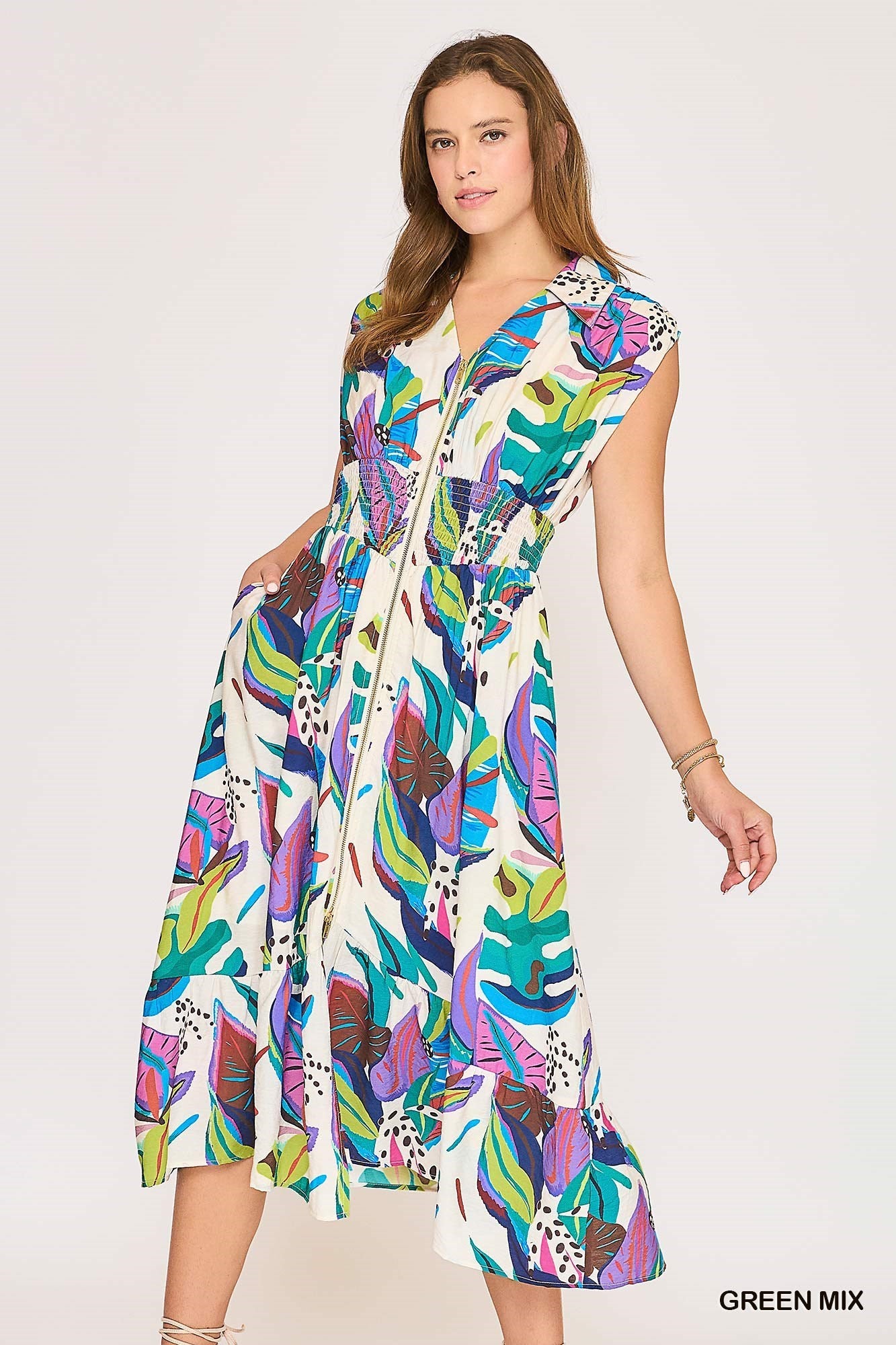 Tropical Chic Zipper Midi Dress