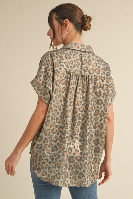 Leopard Print Collared Button Up Top