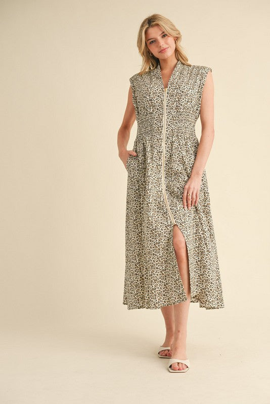Leopard Zipper Midi Dress