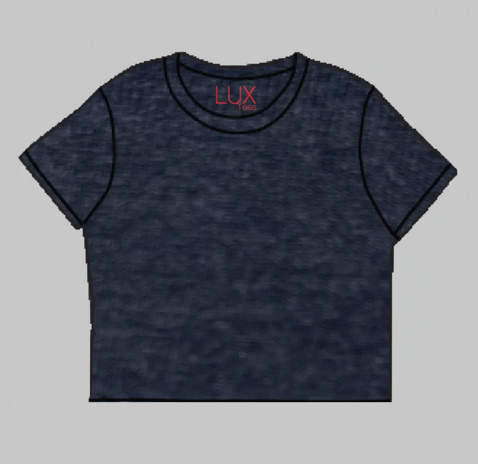 Dark blue t-shirt with 'LUX' branding on a gray background