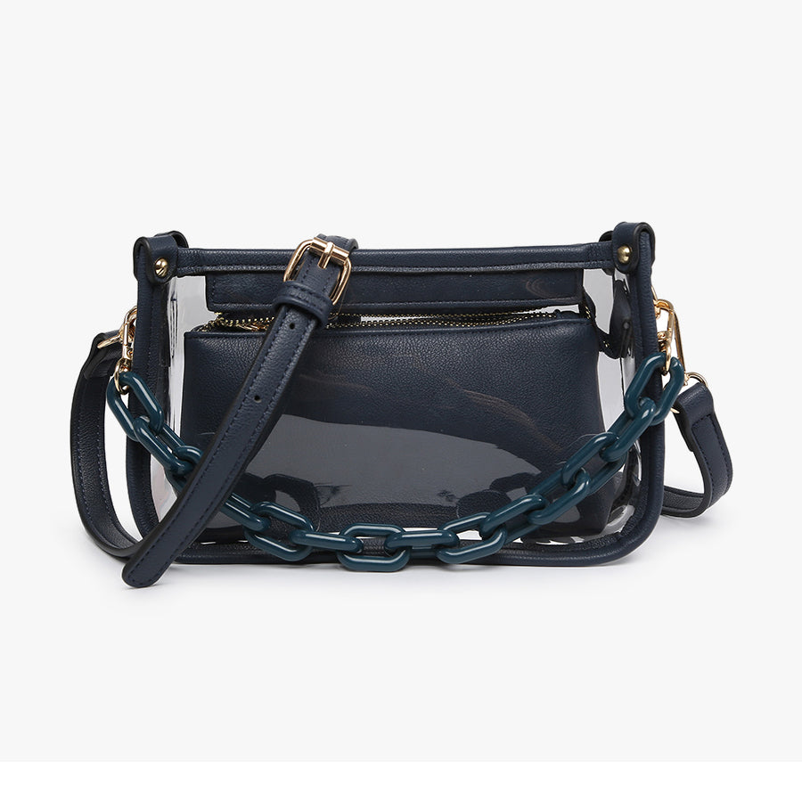 Navy handbag with a chain detail on a white background